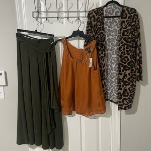 Olive Green Women's pallazzo pants lg, new top, cardigan